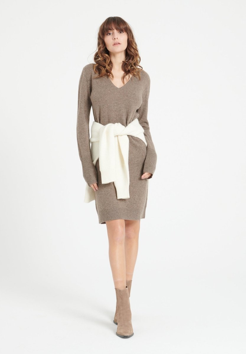 Robe col V cachemire taupe femme - LILLY 10-0