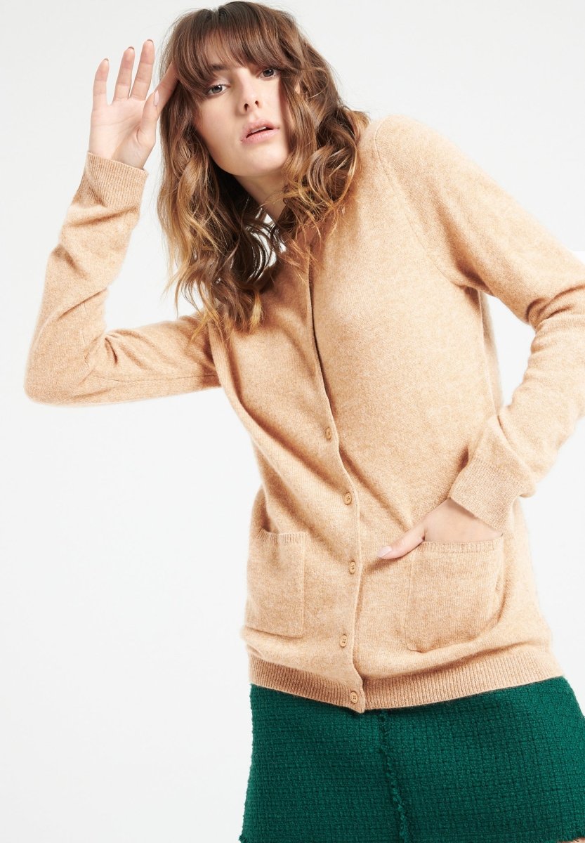 Cardigan col rond cachemire camel clair femme - LILLY 4B-2
