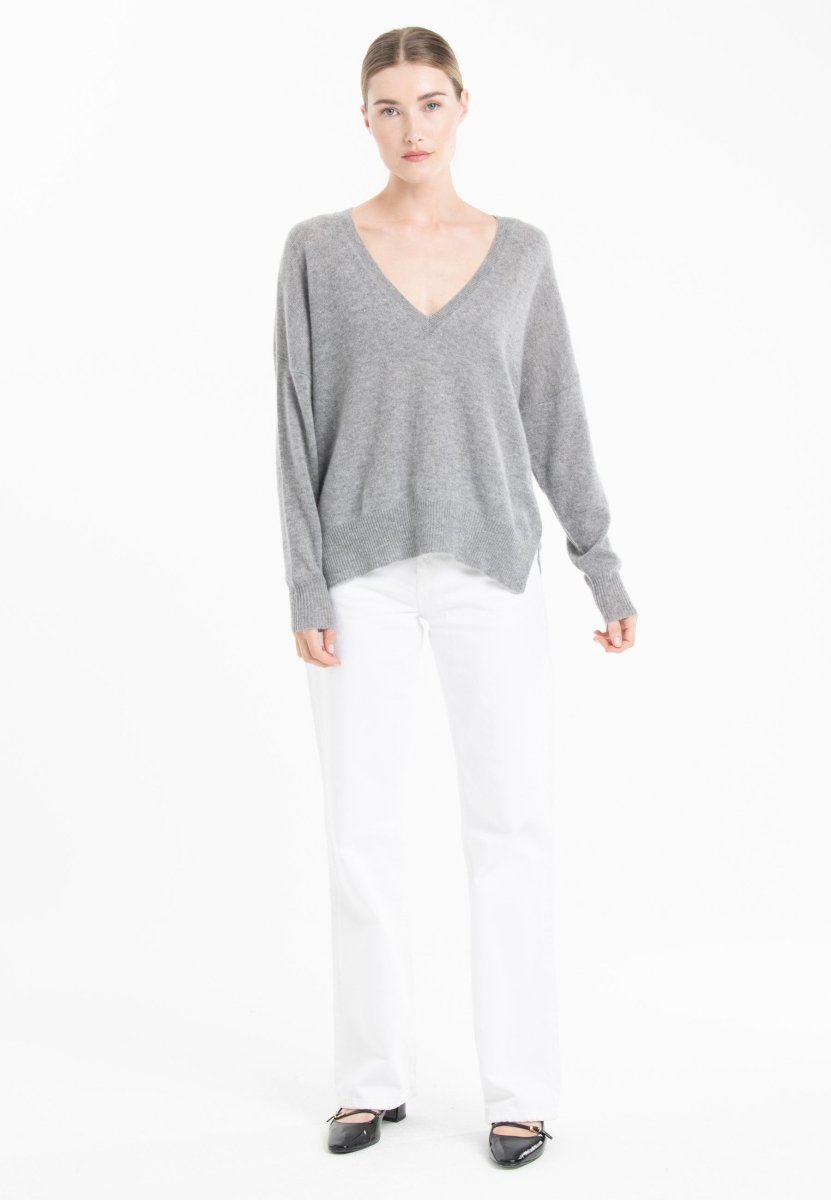 Pull col V cachemire gris clair/mandarine femme - NAMI 23-4