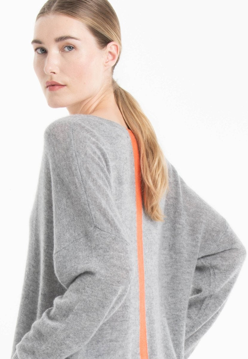 Pull col V cachemire gris clair/mandarine femme - NAMI 23-0