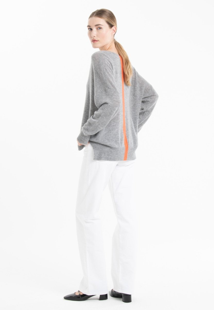Pull col V cachemire gris clair/mandarine femme - NAMI 23-3