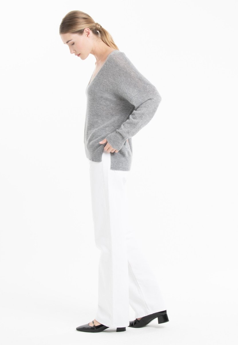 Pull col V cachemire gris clair/mandarine femme - NAMI 23-2
