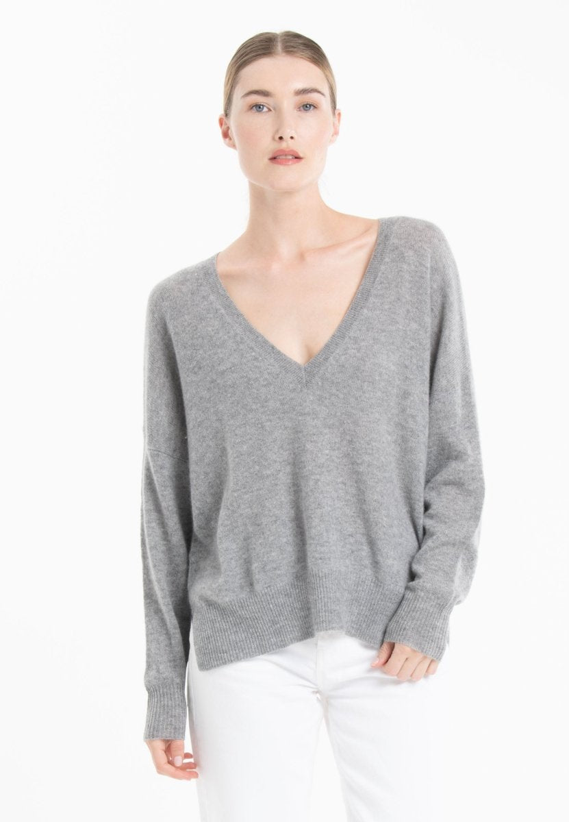 Pull col V cachemire gris clair/mandarine femme - NAMI 23-1