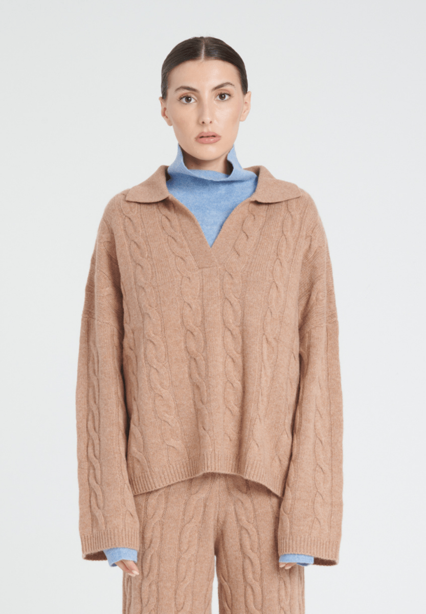 Polo manches longues cachemire 6 fils camel femme - ZAYA 5-0